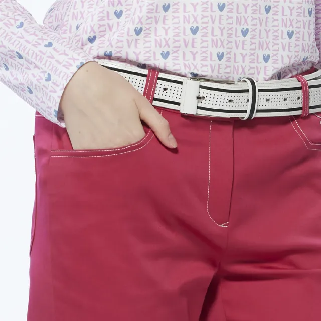 【Lynx Golf】女款彈性舒適混紡材質愛心織標小口袋設計窄管長褲(桃紅色)