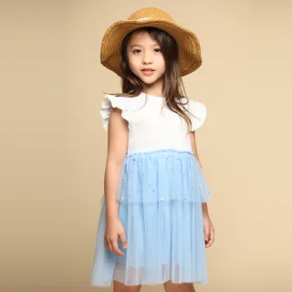 【Azio Kids 美國派】女童 洋裝 漸層條紋荷葉袖星星網紗洋裝(藍)