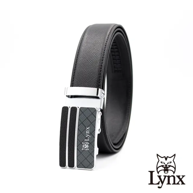 【Lynx】美國山貓-時尚男士十字壓紋皮帶腰帶 牛皮/經典款/自動扣 LY11-8365-99(黑色)