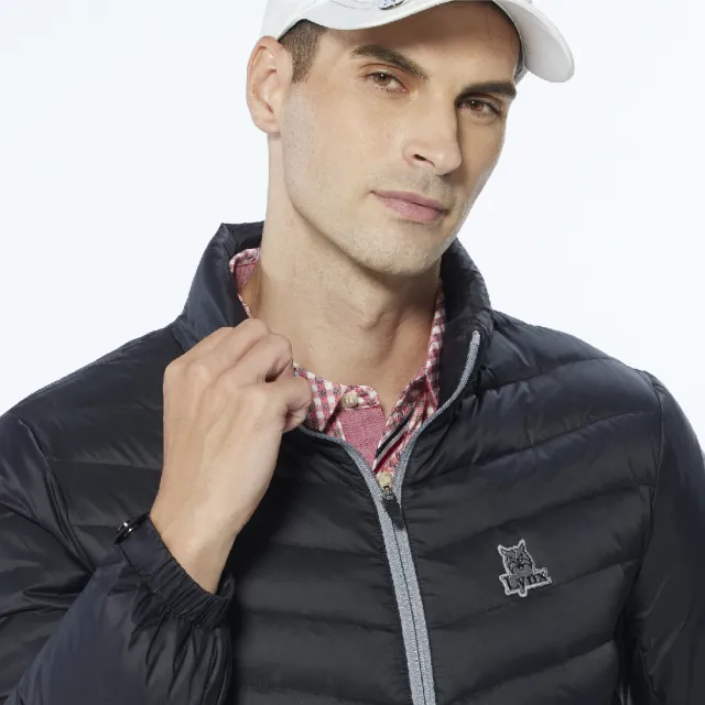 【Lynx Golf】男款保暖羽絨山貓織標LOGO夾標設計長袖外套(黑色)