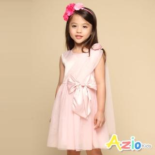 【Azio Kids 美國派】女童 洋裝 大蝴蝶結肩立體花朵造型網紗無袖洋裝(粉)