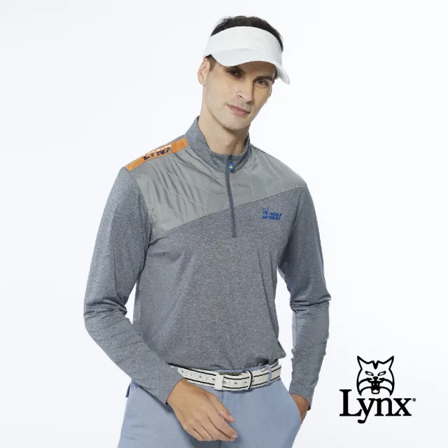 【Lynx Golf】男款吸濕排汗異材質剪接右肩Lynx字樣造型設計長袖立領POLO衫/高爾夫球衫(灰色)