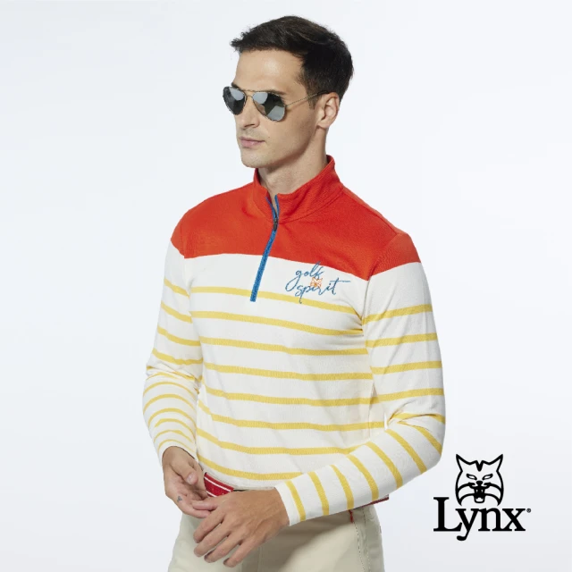 Lynx Golf 男款合身版內刷毛保暖網眼材質百搭橫條款長袖立領POLO衫/高爾夫球衫(橘色)