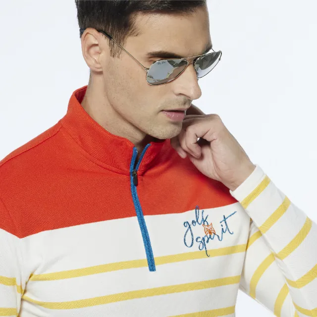 【Lynx Golf】男款合身版內刷毛保暖網眼材質百搭橫條款長袖立領POLO衫/高爾夫球衫(橘色)