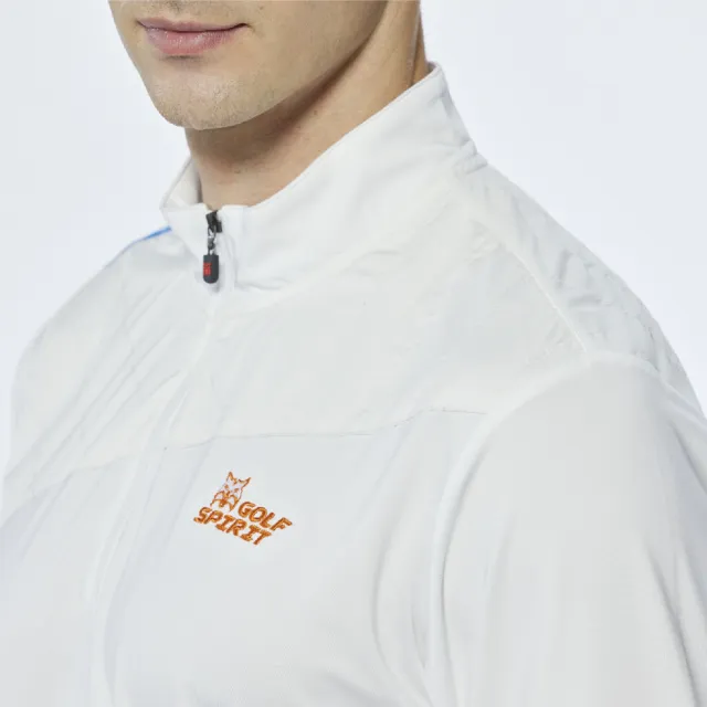 【Lynx Golf】男款吸濕排汗異材質剪接右肩Lynx字樣造型設計長袖立領POLO衫/高爾夫球衫(白色)