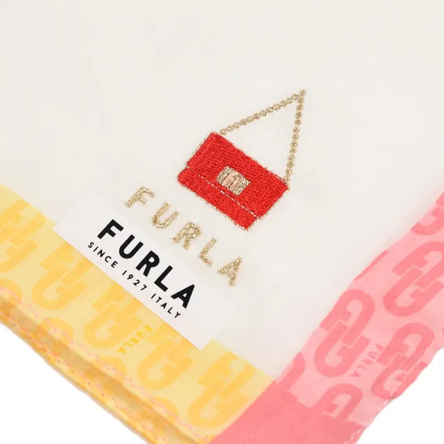 【FURLA 芙拉】刺繡LOGO包包撞色邊框純綿帕巾(白色)