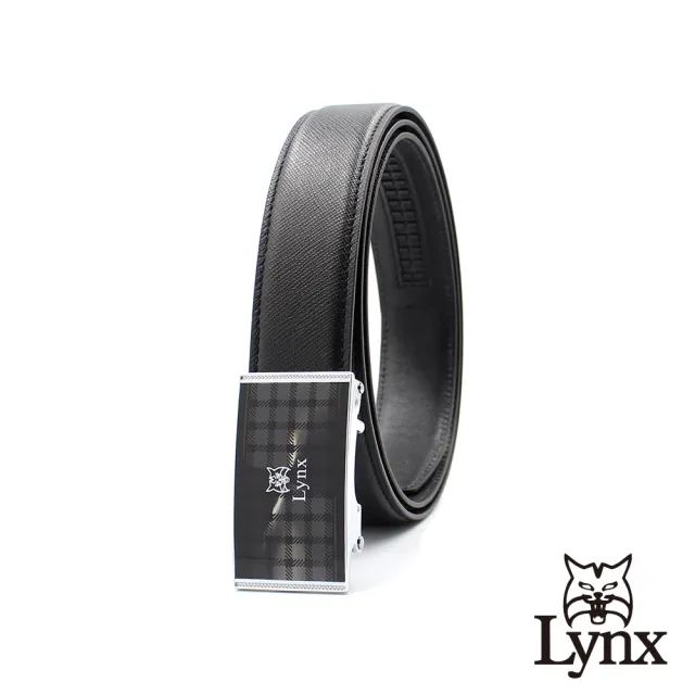 【Lynx】美國山貓-時尚男士十字壓紋皮帶腰帶 牛皮/經典款/自動扣 LY11-8361-99(黑色)