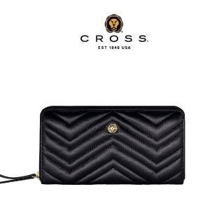 【CROSS】頂級小牛皮山形紋拉鍊長夾(黑色)