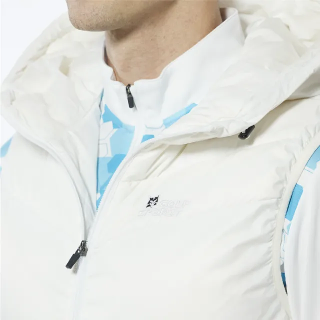 【Lynx Golf】男款保暖羽絨素面款脇邊羅紋設計無袖連帽背心(白色)