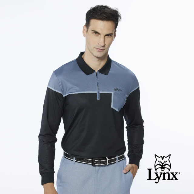 Lynx Golf 男款合身版內刷毛遠紅外線保暖造型胸袋款長袖立領POLO衫/高爾夫球衫(深灰色)