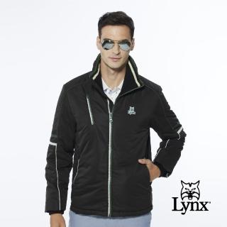 【Lynx Golf】男款保暖防風鋪棉兩袖配色拉線設計胸袋款長袖立領外套(黑色)