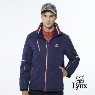 【Lynx Golf】男款保暖防風鋪棉兩袖配色拉線設計胸袋款長袖立領外套(深藍色)