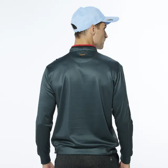 【Lynx Golf】男款雙面組織吸排抗UV壓光山貓印花隱形拉鍊胸袋款長袖立領POLO衫/高爾夫球衫(墨綠色)