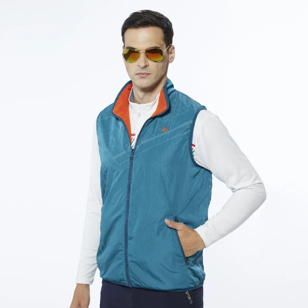 【Lynx Golf】男款保暖舒適幾何曲線菱形印花無袖雙面穿風衣布/刷毛背心(藍綠色)