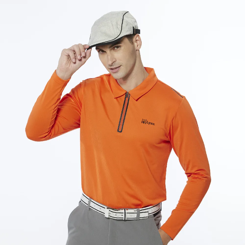【Lynx Golf】男款合身版內刷毛保暖反光貼條後背造型設計長袖立領POLO衫/高爾夫球衫(橘色)