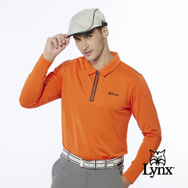 Lynx Golf 男款合身版內刷毛保暖反光貼條後背造型設計長袖立領POLO衫/高爾夫球衫(橘色)