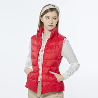 【Lynx Golf】女款防風潑水保暖羽絨造型三色織帶拉頭無袖背心(紅色)