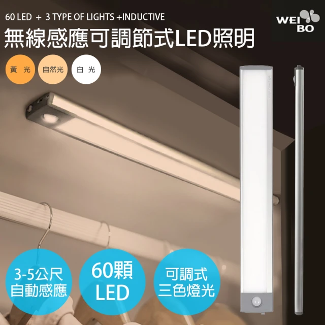 WEIBO 可調光磁吸紅外線無線60LED感應燈LI3360L 32.3公分(USB充電 三色調光 櫥櫃燈 緊急照明 小夜燈)