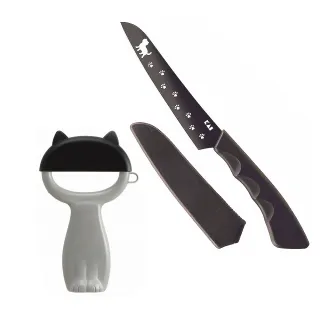 【KAI 貝印】Nyammy 黑貓咪不鏽鋼水果刀+削皮刀(超值2件組)