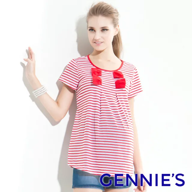 【Gennies 奇妮】010系列-造型蝴蝶結條紋長版上衣(紅/黑T3327)