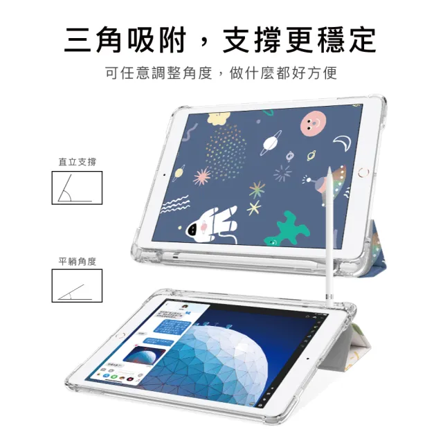 【BOJI 波吉】iPad 7/8/9 10.2吋 三折式內置筆槽透明氣囊軟殼 彩繪圖案款 冬雪色