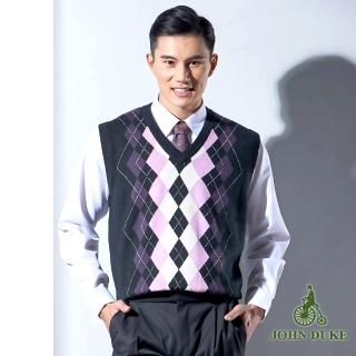 【JOHN DUKE 約翰公爵】視覺注目交錯菱格V領絲光羊毛背心 黑灰紫(87-1Y5055)