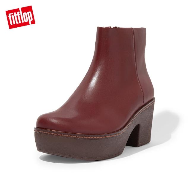 【FitFlop】PILAR LEATHER ANKLE BOOTS 時尚粗跟短靴-女(暗紅色)