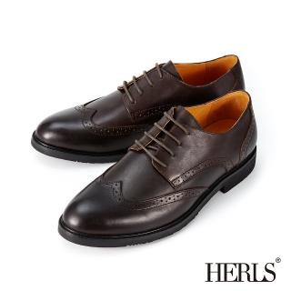 【HERLS】男鞋系列-全真皮翼紋沖孔休閒德比牛津鞋 面試通勤(深棕色)