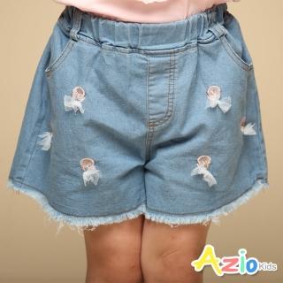 【Azio Kids 美國派】女童 短褲 立體網紗蝴蝶結棒棒糖刺繡牛仔短褲(藍)