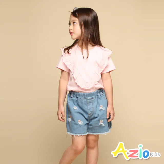 【Azio Kids 美國派】女童 短褲 立體網紗蝴蝶結棒棒糖刺繡牛仔短褲(藍)