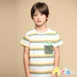 【Azio Kids 美國派】男童 上衣 配色口袋恐龍印花橫條紋短袖上衣T恤(白)
