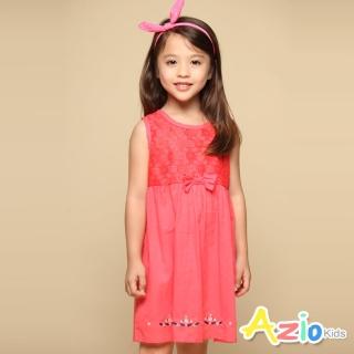 【Azio Kids 美國派】女童 洋裝 立體蝴蝶結下擺花草刺繡無袖洋裝(紅)