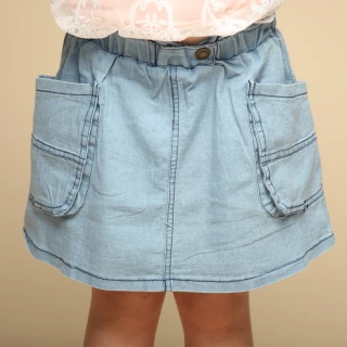【Azio Kids 美國派】女童 短裙 側大口袋腰造型牛仔短裙附安全褲(藍)