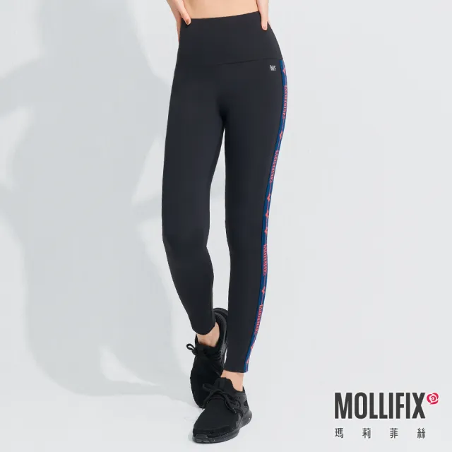 【Mollifix 瑪莉菲絲】Pixel Art 極簡側織帶動塑褲、瑜珈服、Legging(黑)