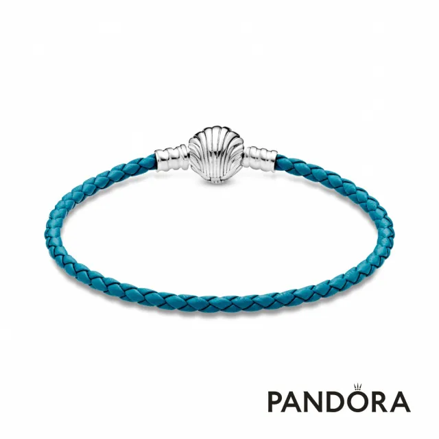 【Pandora官方直營】Pandora Moments 海貝飾扣綠松色編織皮繩