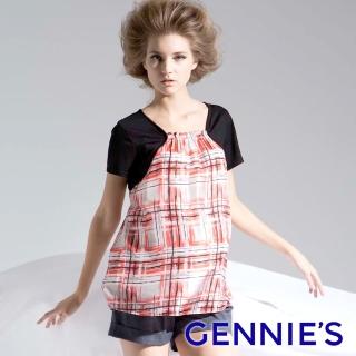 【Gennies 奇妮】010系列-彩墨風輕盈上衣-紅/黃(孕婦裝 親膚 綁帶)