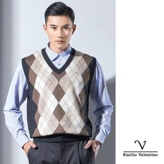 【Emilio Valentino 範倫鐵諾】紳士菱格紋V領防縮羊毛背心 咖啡(67-1Y2051)