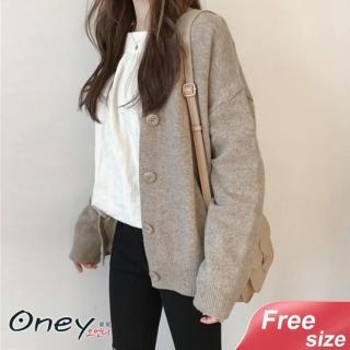 【ONEY 歐妮】★慵懶純色短版針織外套(通勤/寬鬆/長袖/毛衣外套/休閒/外出)
