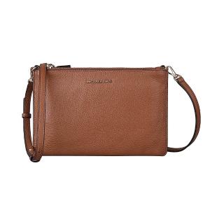 【Michael Kors】MICHAEL KORS JET SET金字LOGO荔枝紋牛皮雙拉鍊夾層斜揹包(大/棕)