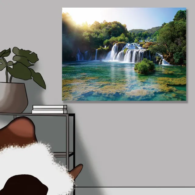 【24mama 掛畫】單聯式 油畫布 全景 風景 河 國家公園 克羅地亞 山 森林 無框畫-80x60cm(克爾卡瀑布)