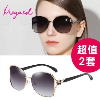 【MEGASOL】UV400防眩偏光太陽眼鏡女仕大框矩方框墨鏡2件組(魅力簍空金屬鑲鑽幸運四葉草框GY-6108-多色選)