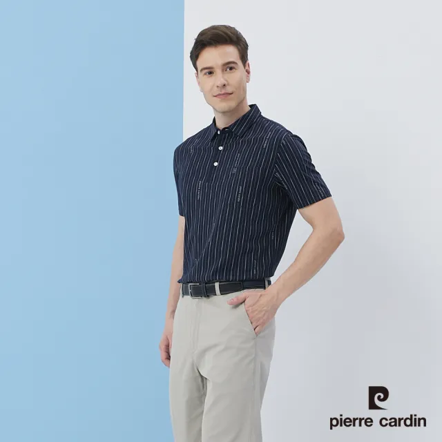 【pierre cardin 皮爾卡登】商務休閒 男款 直條印花短袖POLO衫-深藍色(5217215-38)