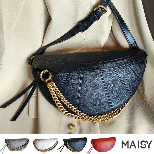 【MAISY】母親節禮物 韓版真牛皮肩背斜背胸包側背包(現+預  黑 / 白 / 灰 / 紅)