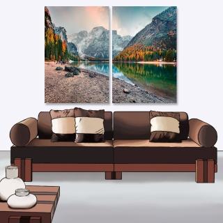 【24mama 掛畫】二聯式 油畫布 秋天 風景 山 河邊 義大利 阿爾卑斯 石頭 森林 自然 無框畫-40x60cm(白雲巖)