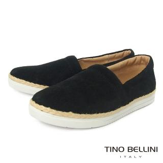 【TINO BELLINI 貝里尼】牛皮草編拼接簡約百搭休閒鞋H4T0007-1(黑)