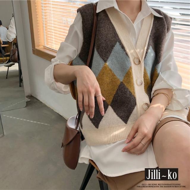 【JILLI-KO】配色菱格毛呢針織背心-F(咖/淺咖)