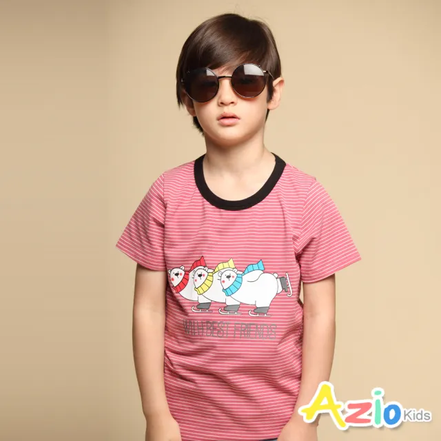 【Azio Kids 美國派】男童  上衣 配色圓領白熊滑冰印花橫條紋短袖上衣T恤(紅)