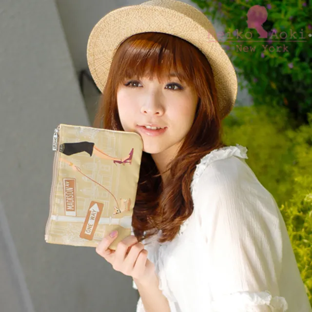 【Reiko Aoki】雙11 青木禮子Upper east sider雙面插畫彩繪拉鍊收納小包(卡其色)