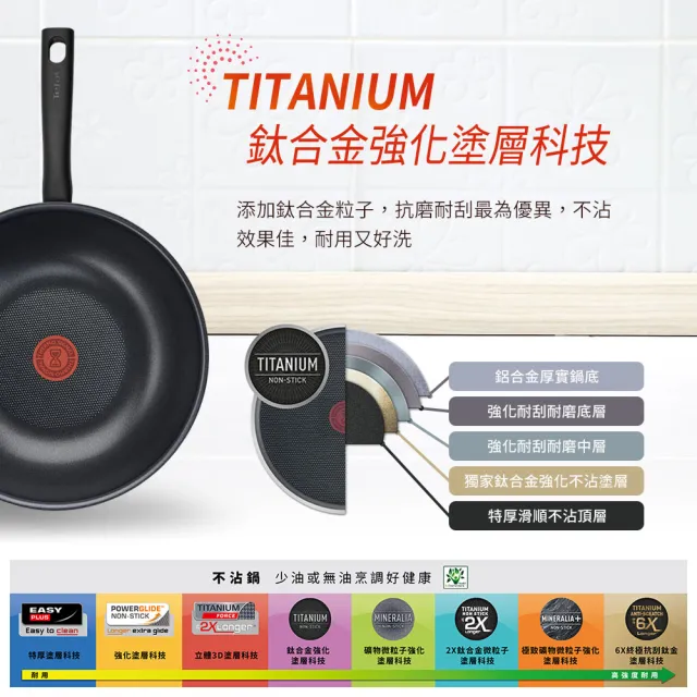 【Tefal 特福】法國製火焰系列28CM不沾鍋炒鍋+玻璃蓋
