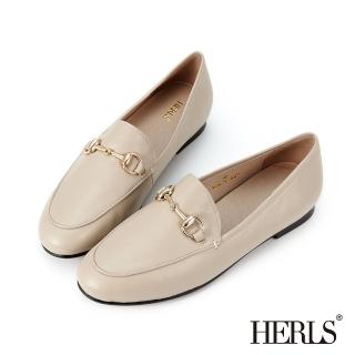 【HERLS】樂福鞋-全真皮馬銜釦橢圓頭平底樂福鞋 面試通勤(深杏色)